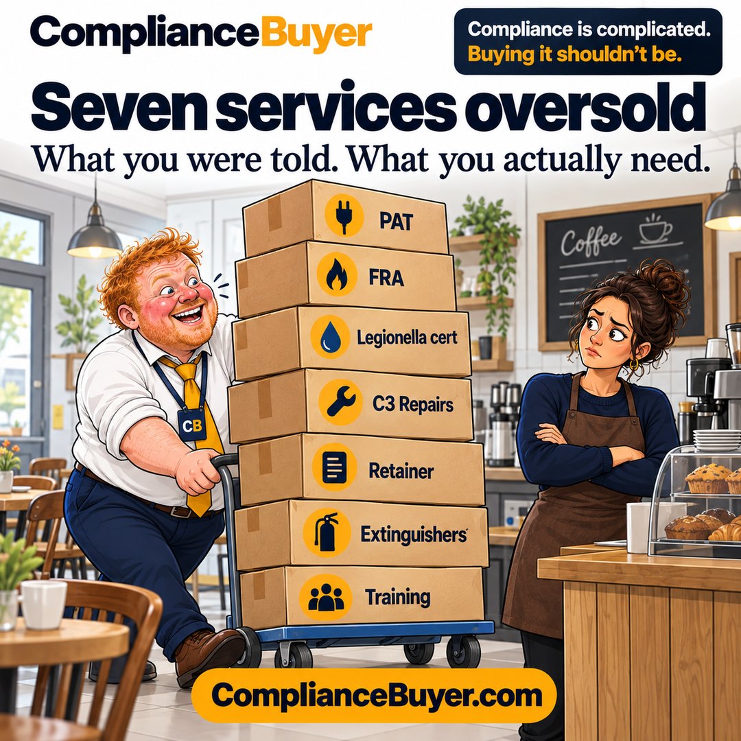 Cartoon of Wolly wheeling seven boxes of compliance services into a café, including PAT and a legionella certificate and C3 repairs, while the owner looks unconvinced.