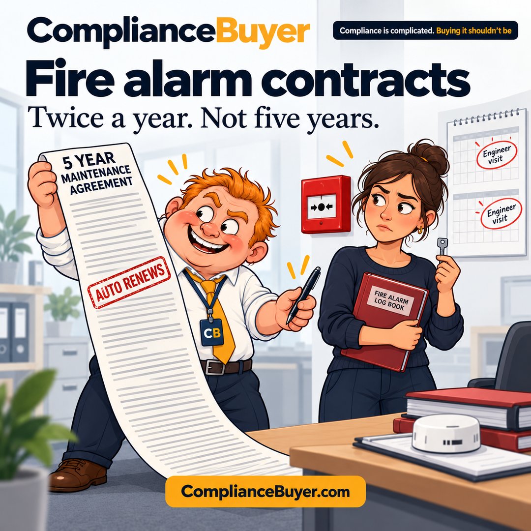 Cartoon of Wolly waving a five year auto renewing fire alarm maintenance agreement while a business owner holds the log book and the key for the weekly test.