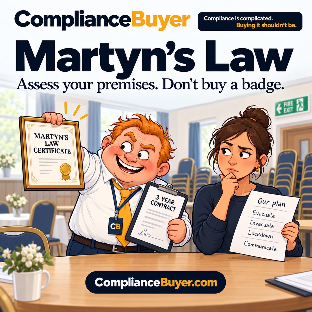 Cartoon of Wolly holding up a framed Martyn’s Law certificate and a three year contract while a business owner holds her own plan to evacuate, invacuate, lock down and communicate.