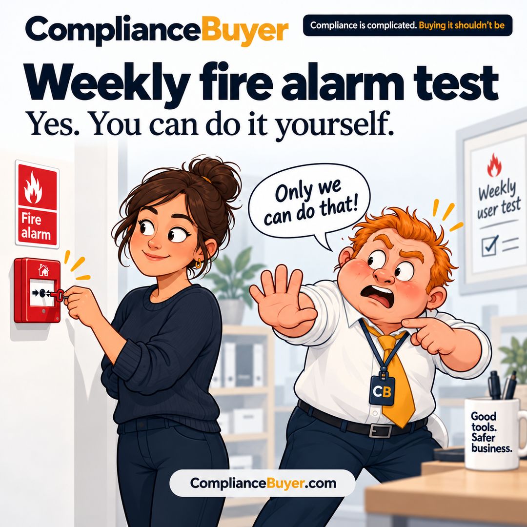 Cartoon of a business owner testing a fire alarm call point with a key while Wolly protests that only he can do it.